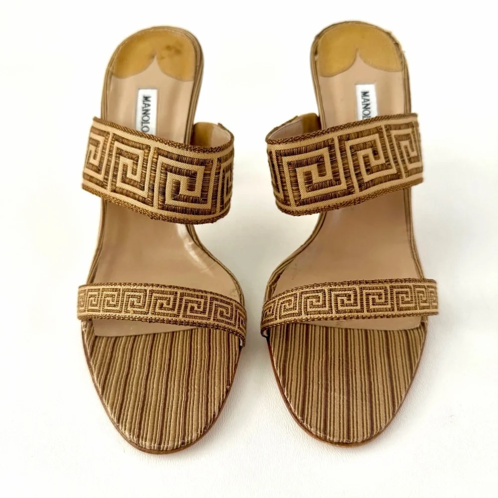 MANOLO BLAHNIK | Y2K Woven Greek Key Mule Heels Brown EU 39 Italy